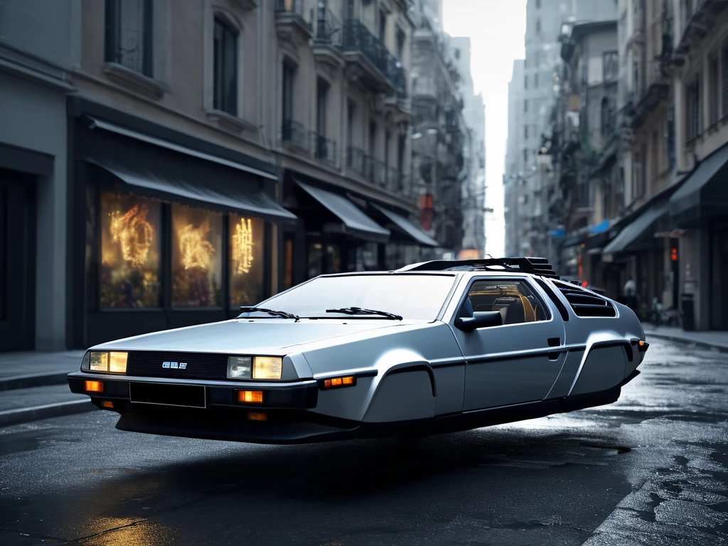 floating car, DELOREAN, 1985, City streets, horizontally folded wheels, (from the 1980s automobile) cyberpunkstyle, linhas limpas, Sharp edges, flow line, (Futuristic concept car:1.2), detailded, high-tech style streets, hyperrealisti, hyper-futuristic, 16K, cinematic lighting, wide plan, F/3.6, futuristic city background, grimdark, natta, confusion, perFect composition, beautiFul detailded intricate insanely detailded octane render trending on artstation, 8K artistic photography, photorrealistic concept art, soFt natural volumetric cinematic perFect light, Bright dark, rewarded photography, work of art, oil on canvas, rafael, caravaggio, Greg Rutkowski, beetle, Beksinski, giger