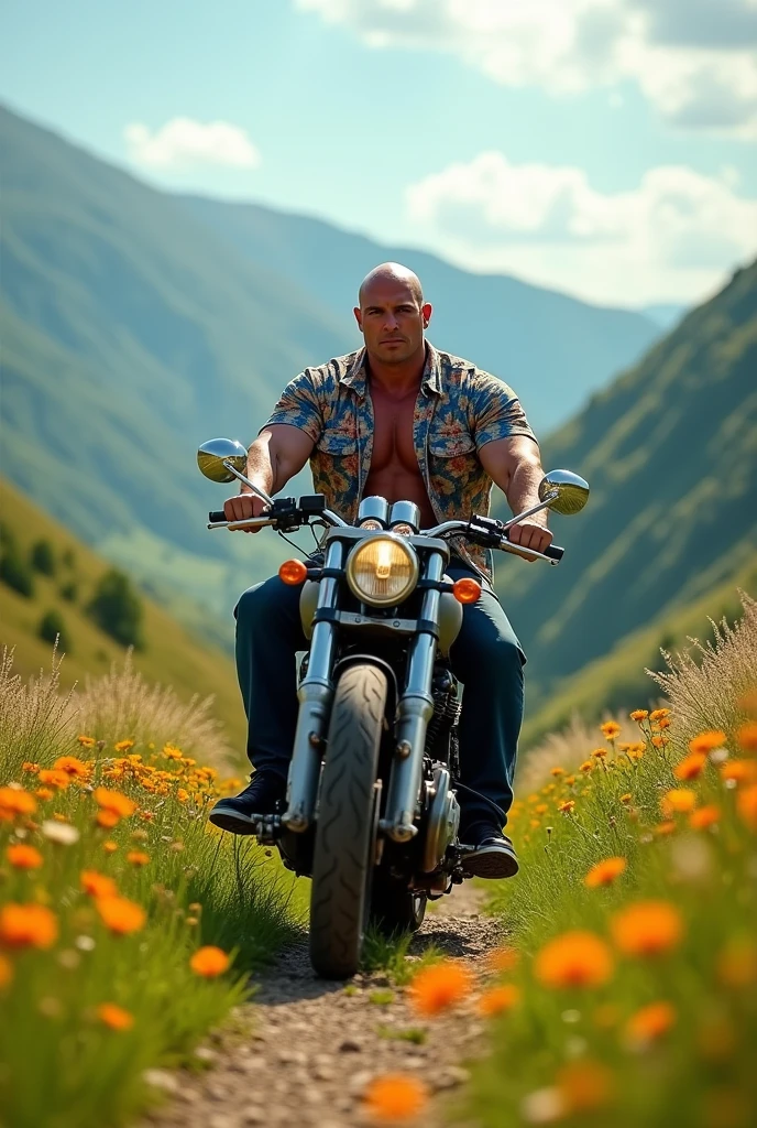 40 years old big giant body builder white bald men wearing unbuttoned multi colored double pocket shirt in beautiful valley on heavy motor bike