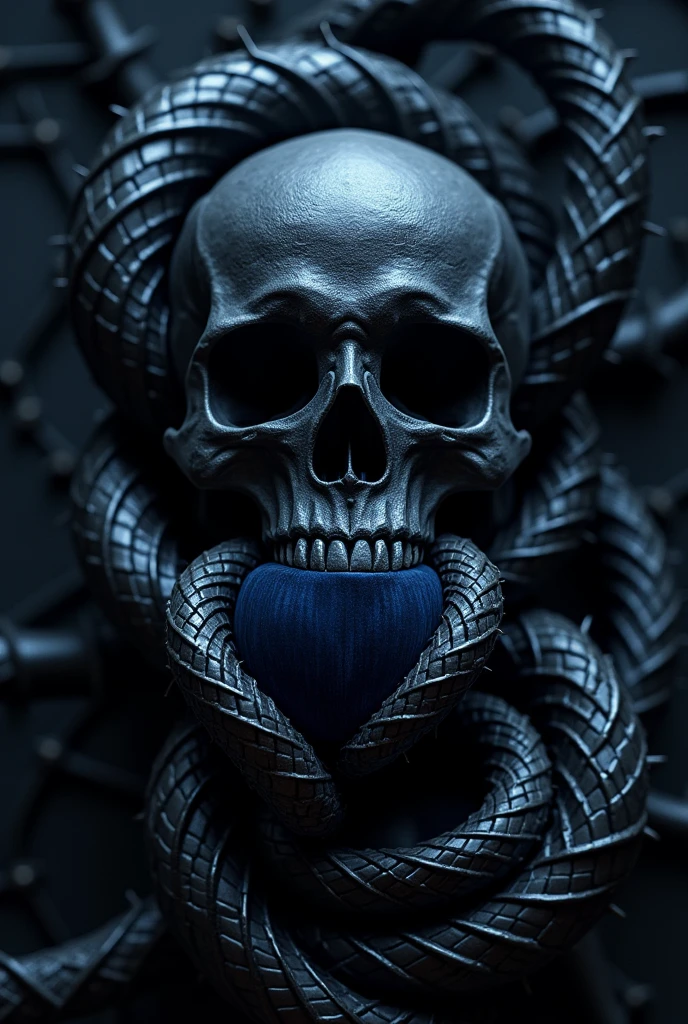 Create a 3D image of a skull biting into a dark blue apple. A black and tenebrous background with various large thorns, intertwined with the skull. And a black snake wrapped around the skull. Many thorns, completely dark.
