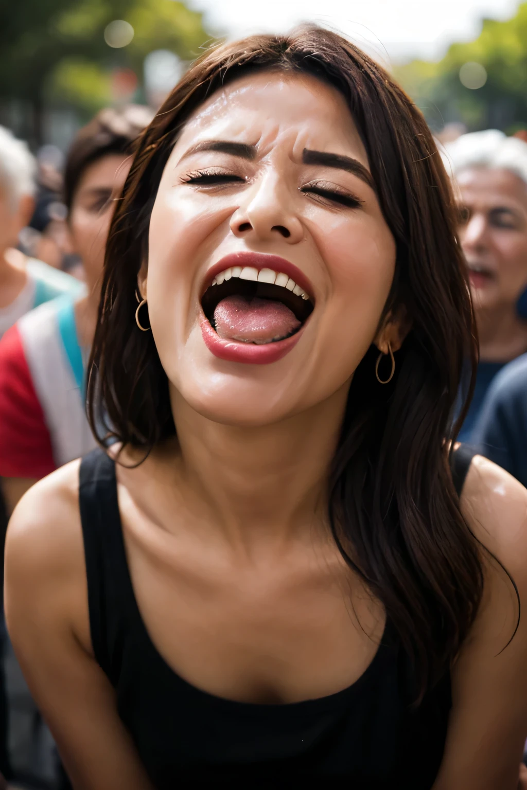 Flying debris,Award-winning photo, Very detailed, Edge Orgasm, Woman with open mouth and closed eyes , Sweaty skin、Lighting that highlights shiny sweat{{{Spread the word }}}, Black Hair、Browsing Caution,{{{{Crowd of elderly male spectators,Surrounded by men,}}}},(length, Narrow nostrils)、Raise your arms behind your head,