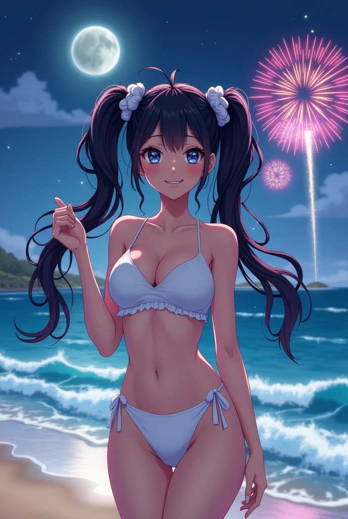 、moon、Starry Sky、firework、Ocean、Sandy Beach、(Realistic Shadows)straight-on、breast focus、Twin tails、White scrunchie、Long Hair、(colored inner hair　black hair + pink inner hair)、Blue eyes、、medium breasts、stylish pose、smile、A good wink(Drunk:1.2)head tiltskinny　、slim wais、 White micro bikini
