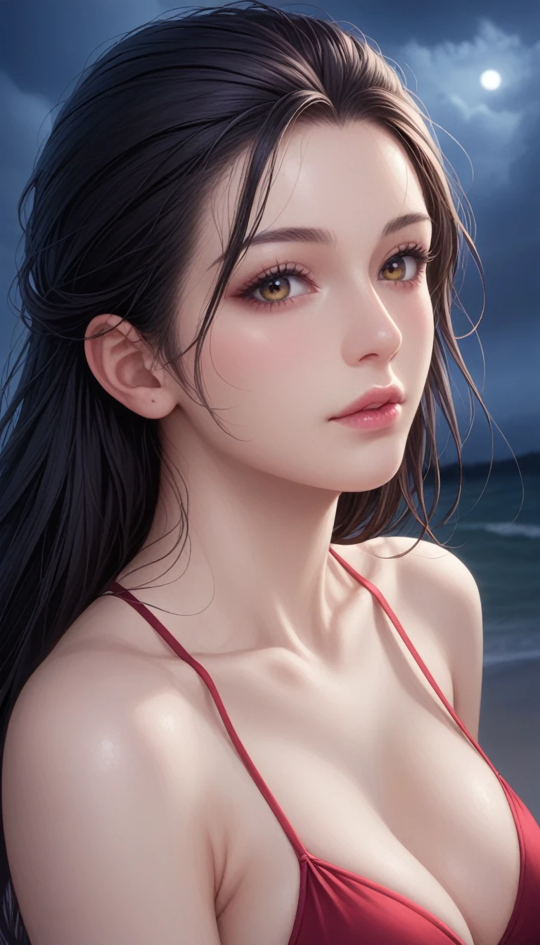 score_9, score_8_superior, score_7_superior, High-resolution CG illustration,A masterpiece in 32K resolution,Highest quality,it is really amazing,Very detailed,Ultra-high resolution,Ultra-realistic,Realistic,Increased depth of field,Cinematic lighting,
Sexy mature Japan woman,
Straight long hair with black hair,Showing his forehead,Ultra-detailed and beautiful face,Calm and gentle look,Beautiful brown, moist eyes,Glowing, moisturized skin,Translucent white skin,born々New skin texture,Great proportions,
Elegant red swimsuit,
Simple design,Chic color scheme based on red,詳細なborn地の質感,
(Dark and blurry background:1.1),Dark overcast sky on a dull night,Dark clouds filling the sky,Thundercloud,Coastline at night,Stormy seas,delay々A desolate sandy beach that continues,
(Beautiful cleavage:1.1),(High angle:1.1),