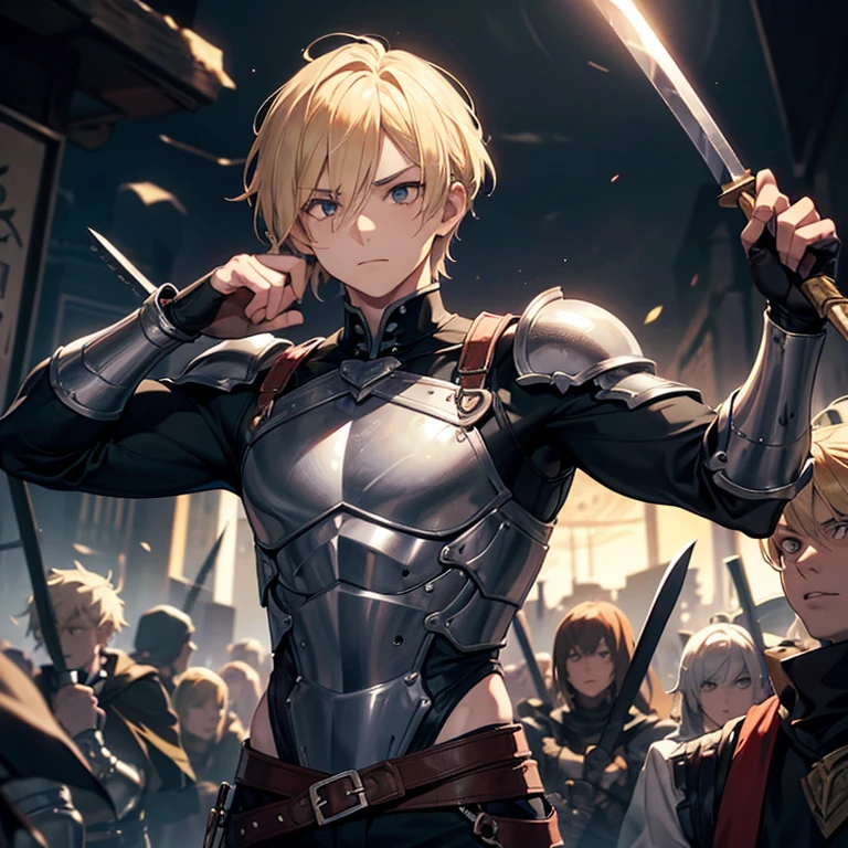 1 a boy with blond hair and black eyes, defined body, adventurous, murderer, daggers, semi-armor, fully body, best qualityer, defined details, haughty