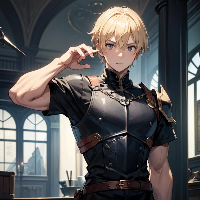 1 a boy with blond hair and black eyes, defined body, adventurous, murderer, daggers, semi-armor, fully body, best qualityer, defined details, haughty