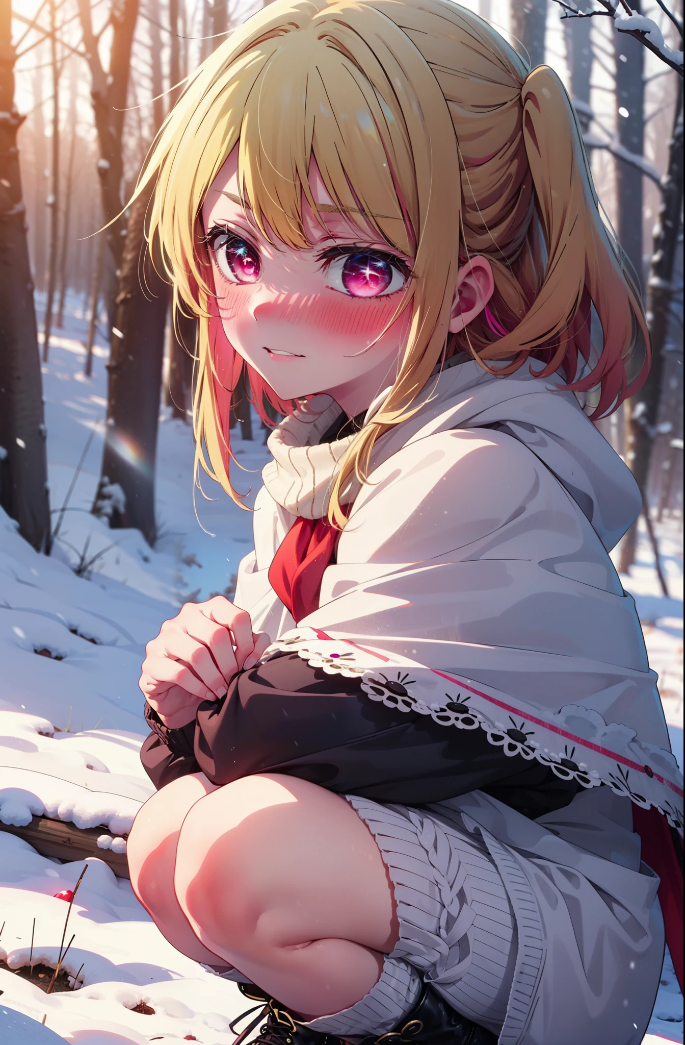 rubyhoshino, Hoshino Ruby, Long Hair, bangs, Blonde, (Pink Eyes:1.3), Side Lock, (Symbol-shaped pupil:1.5), Multicolored Hair, Two-tone hair, smile,,smile,blush,white breath,
Open your mouth,snow,Ground bonfire, Outdoor, boots, snowing, From the side, wood, suitcase, Cape, Blurred, , forest, White handbag, nature, Squat, Mouth closed, Cape, winter, Written boundary depth, Black shoes, red Cape break looking at viewer, Upper Body, whole body, break Outdoor, forest, nature, break (masterpiece:1.2), Highest quality, High resolution, unity 8k wallpaper, (shape:0.8), (Beautiful and beautiful eyes:1.6), Highly detailed face, Perfect lighting, Highly detailed CG, (Perfect hands, Perfect Anatomy),