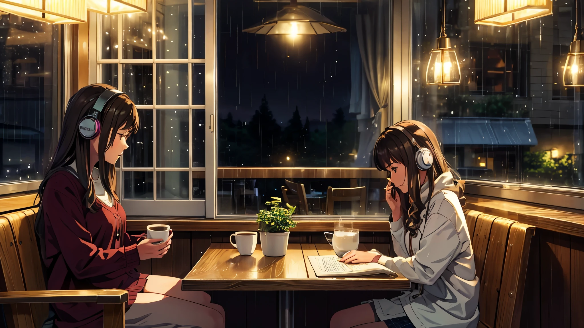 Describe a cozy little cafe at night, with soft lights and a peaceful atmosphere. In the background, a young woman is sitting by the window, listening to lofi music with headphones, while drinking a coffee and reading a book. Gentle rain falls outside, with the sound of the drops hitting the windows creating a feeling of peace and relaxation.