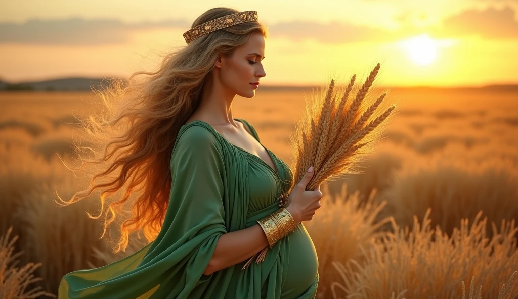 Greek goddess, more full-figured, Voluminous breasts with a greenish tunic with gold threads., very wide gold bracelet, modern gold tiara on head, pregnant with fair skin and long wavy light brown hair reminiscent of the figure of the goddess DEMETER, holding a sheaf of wheat, In the background, a wheat field at sunset, convey depth, The goddess is fully connected to her womb and her baby