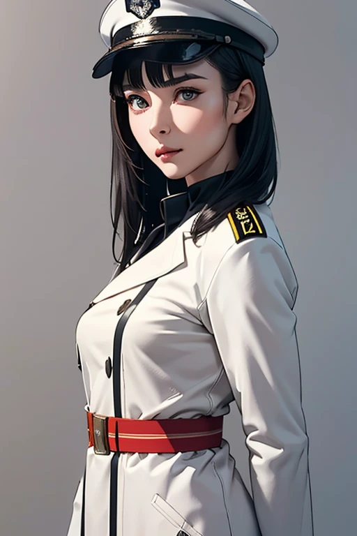 Highest quality　High resolution　Simple　White military uniform with a stand-up collar　army officers　military cap　class seal　white open coat　Baggy　Long bangs　Adult female　Casual expression　cute　Strong posture　Dynamic Lighting　（（head to waste:1.8））