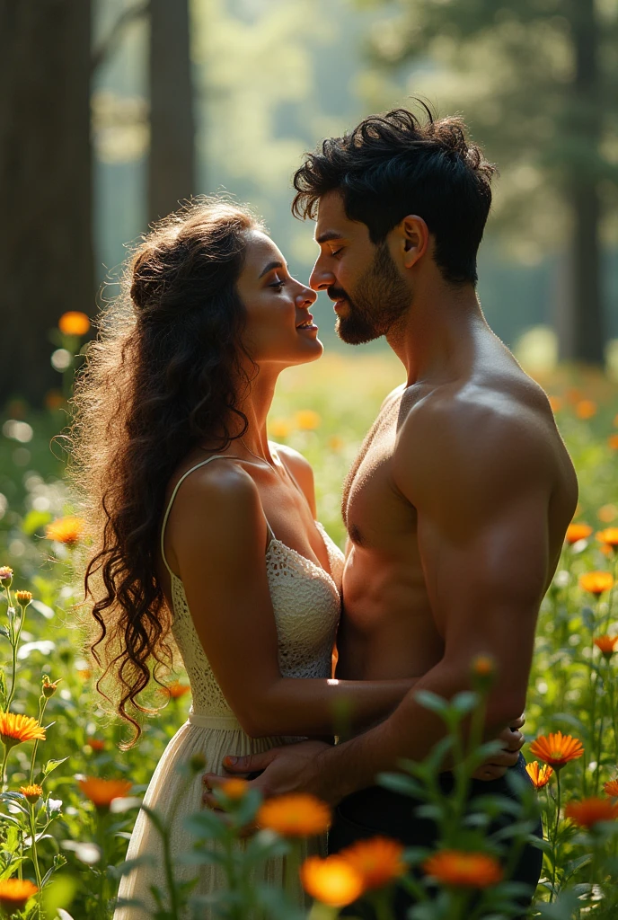 a nymph with tanned skin, green eyes and curly brown hair naked with a lush body next to her is a muscular and handsome man with dark blue eyes and jet black hair who is also naked, having a wedding ceremony both naked