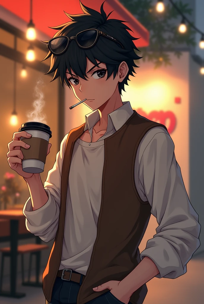 An anime boy with black hair and eyes wearing a white long sleeve and a sleeveless brown shirt, a black glasses on top of his hair with cigarette on his mouth and a coffee on his hand