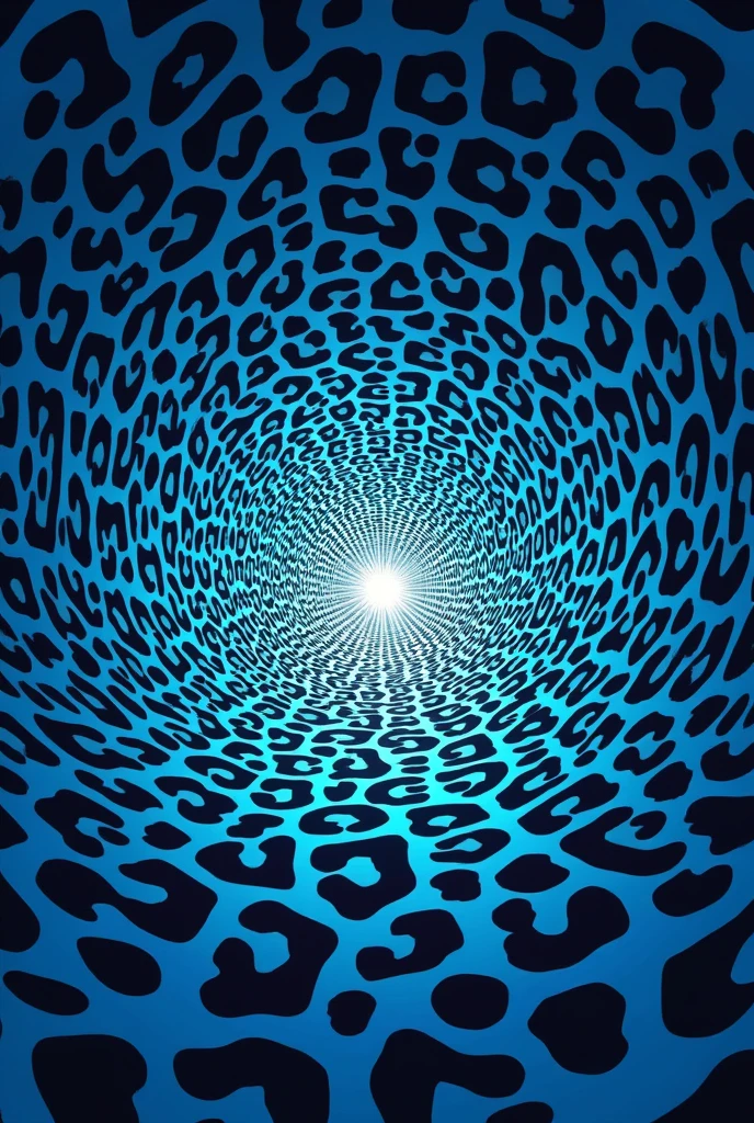 Vector art: 5 point perspective like a fish eye of jaguar skin prints, whole page only jaguar prints, blue hues, motion effect