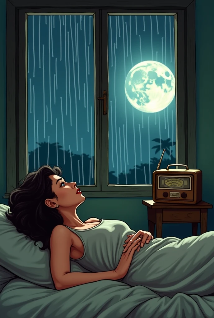 A woman lying in bed looking towards the window, In a nearly cartoonish image, on a small table an old radio, and in the window you can see the moon and some rain, that the atmosphere of the scene breathes the nostalgia and sadness of a melancholic salsa song but the image is more rural in the style of Caracas