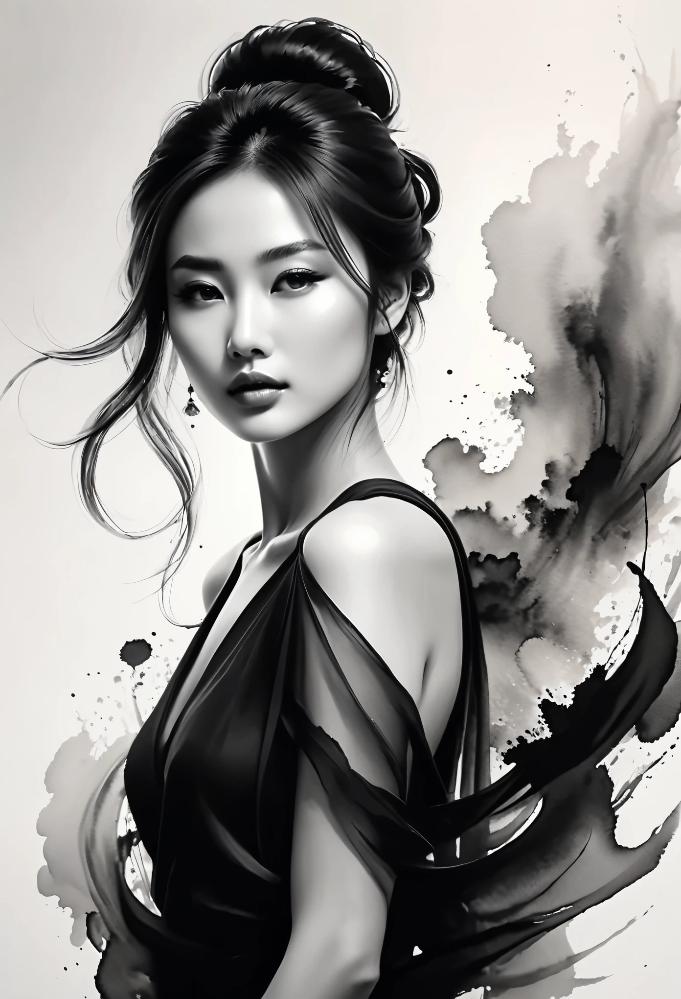 Kizi，ink painting，soft brushstrokes，Draw delicate lines with a pen，Fluid action，Subtle ink tones，elegant posture，calm look，delicate features，black andwhite，to clean