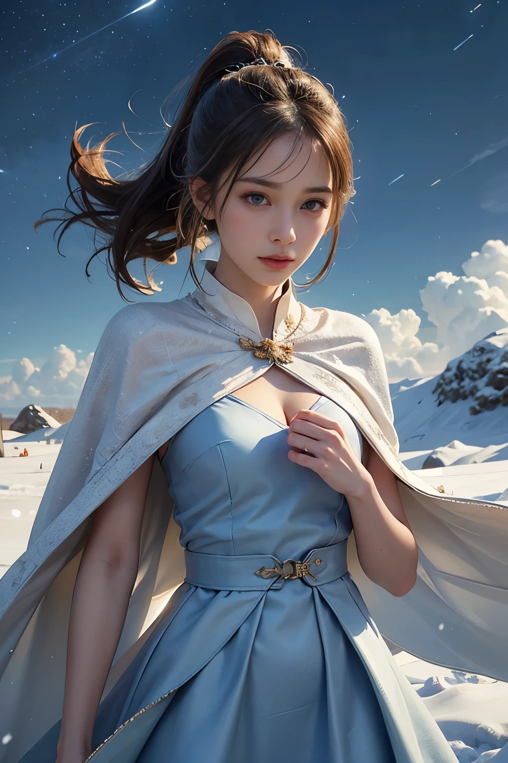 masterpiece, (highest quality: 1.2), (Super fine: 1.2), figure, (very delicate and beautiful: 1.2), film angle, floating, (beautiful detail eyes: 1.1), (detail light: 1.1), film light, delicate sky, woman, gray hair,(high ponytail: 1.1), shining eyeoon: 1.2), (moonlight: 1.1), starry sky, (particles of light: 1.1), fog , snow painting, sketch, bloom,Wind Flowers on a Clear Sky,cape,Powdery snow flurries on a clear day,The wind is blowing,Snow is falling,Women have the fortitude to endure sadness,34yo woman,Casual wear,Sad feelings,Dancing snow,The pain of losing a man,cape,Cape of Sadness,A cheap, mass-produced, plain dress,A typical cheap dress,Too beautiful mature woman,Casual everyday wear,Casual clothes that aren&#39;t too dressy,