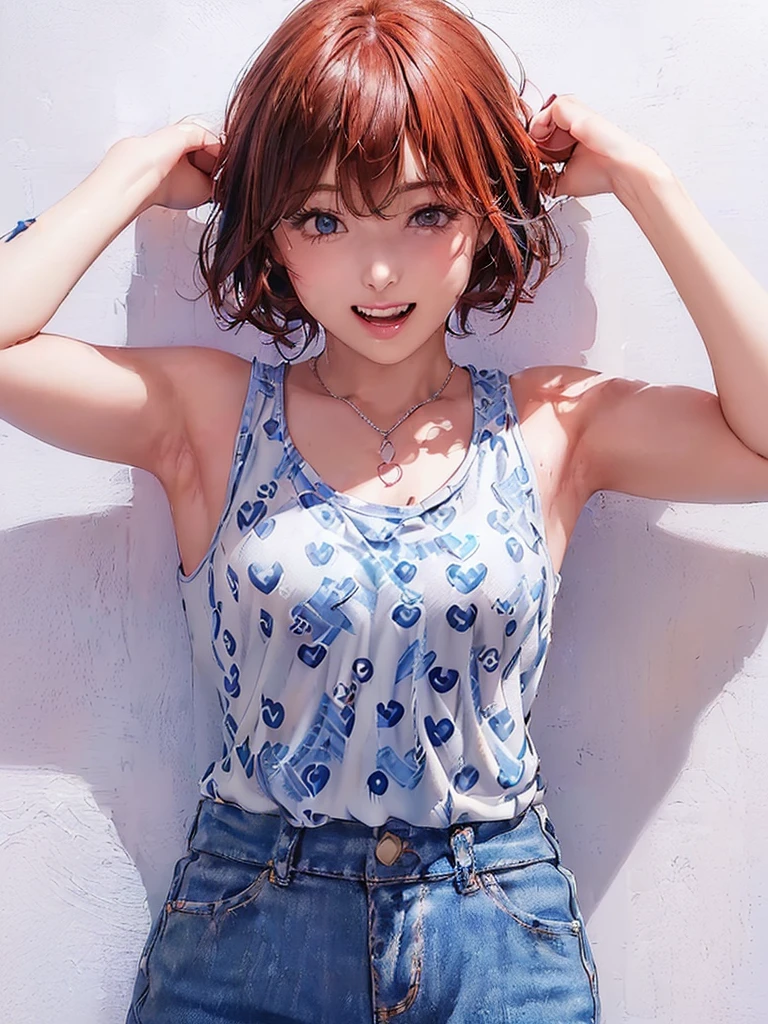 (((Cowboy Shot、Women's solo shots、Oil、Pure white wall background、masterpiece、Highest quality、High resolution)))、Redhead、Bob Hair、(((wearing a blue tank top)))、(((Heart pattern tank top)))、Fashionable hairstyles、Red cheeks、((No Shadow、Frame In))、Cute Face、((Small breasts))、((Laughing out loud))、((Cute expression))、(((With hands up)))