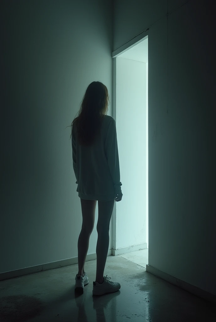 pretty 20 year old woman, and her observer are in a perfectly symmetrical hollow vertical cylinder 8 foot radius, 4 feet height, 360 degree dim illumination and diffuse light coming from all around , there is no lights from any other source. the top is capped, the light is only from sides and outskirts of the cylinder,