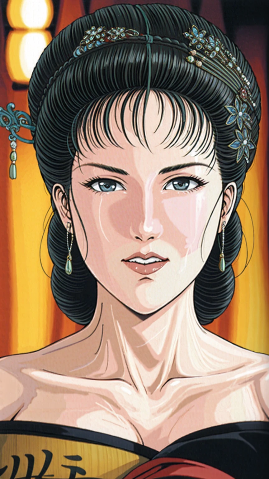 (best quality), (very aesthetic), (ultra-detailed), (best illustration),(a mature female),(perfect face),Suikoden,Mrs. Lin,(((NSFW))),(((full_NUDE))),screaming,close her mouth,red cheek,sweating,skinny,flushed skin,night、A woman lying in bed next to me in a dimly lit room, Lying on her cheek, Look at me,She is completely naked and wrapped in a blanket.,Upper Body Shot,Looking Camera,traditional Chinese bedroom,