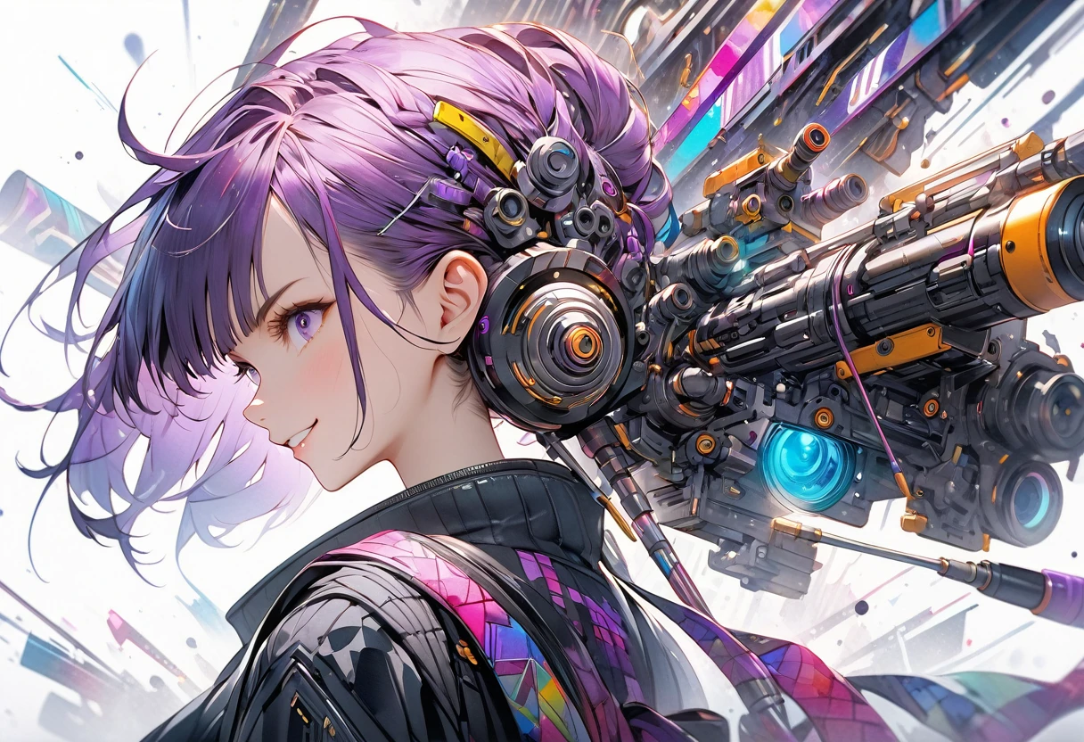 One woman,A hand with a fist raised,Smiling,Angry,Exquisite illustrations in a highly imaginative cyberpunk surrealist art style,Tubes connected to external machines, Stylish watercolor purple pattern on a white background, Brush Blur Effect,( high quality, High precision, 4K, 8k:1.5), Super detailed.Physically Based Rendering,Ultra-fine painting,Cinema Lighting, Sharp focus, Bright colors, Professional shooting resolution,Award-winning