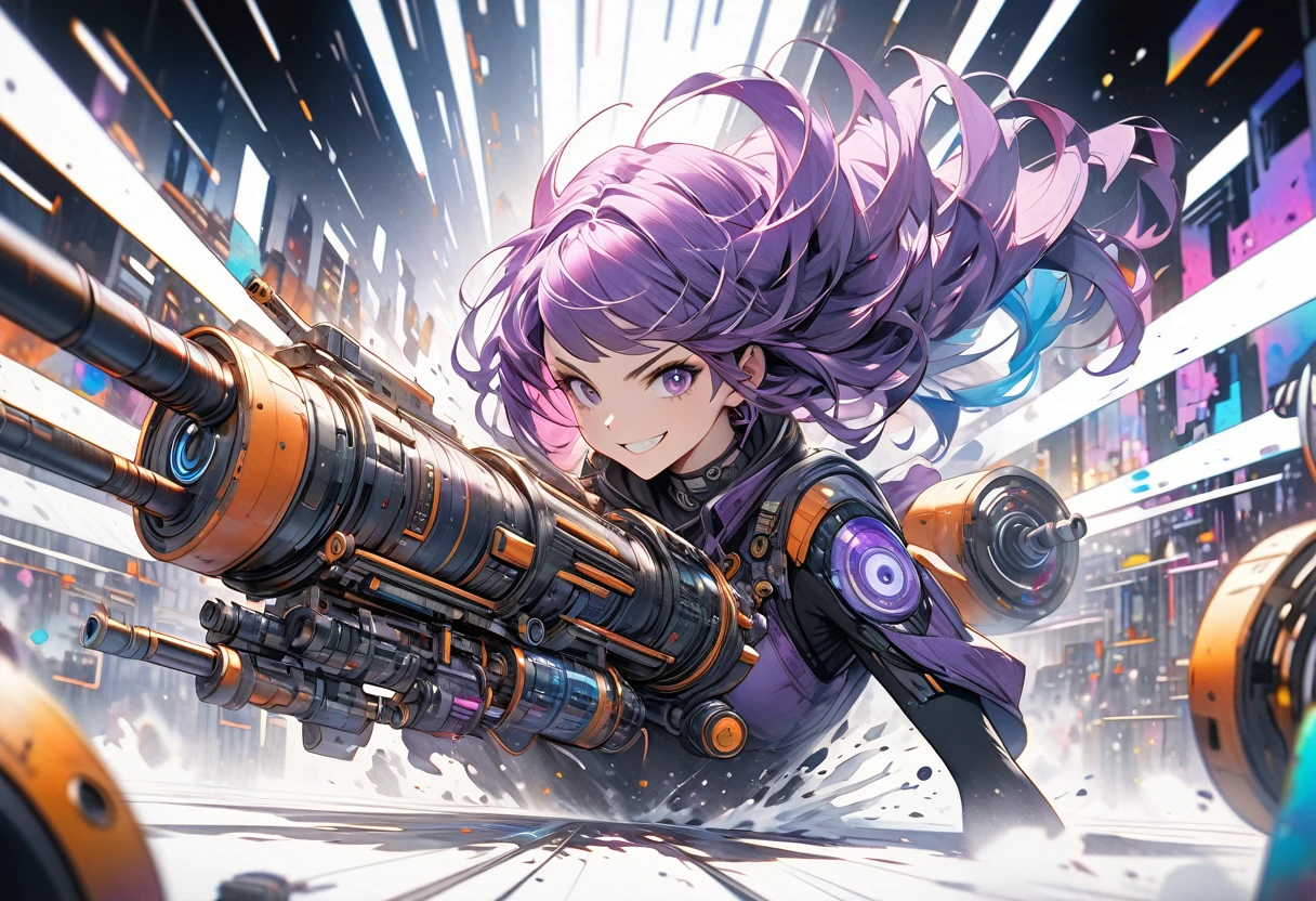 One woman,A hand with a fist raised,Smiling,Angry,Exquisite illustrations in a highly imaginative cyberpunk surrealist art style,Tubes connected to external machines, Stylish watercolor purple pattern on a white background, Brush Blur Effect,( high quality, High precision, 4K, 8k:1.5), Super detailed.Physically Based Rendering,Ultra-fine painting,Cinema Lighting, Sharp focus, Bright colors, Professional shooting resolution,Award-winning