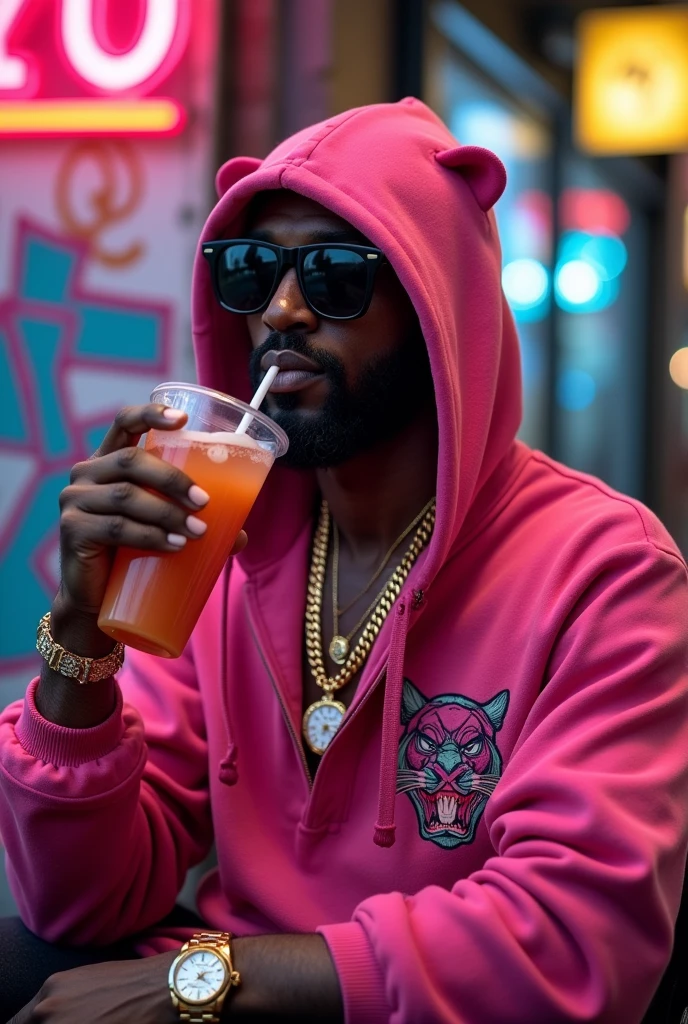 The pink Panther hoodie over his head with some cool, dark shades, VVS diamond necklace around its neck, a Patek wrist watch, sipping on juice from a cup with straw looking high like he’s been smoking weed.