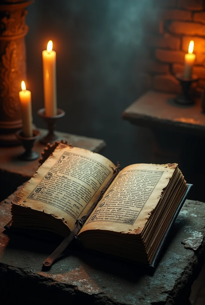 8. An old book with a worn leather cover, resting on a stone altar in a dark room. The grimoire is open, revealing esoteric inscriptions in a forgotten language, surrounded by flickering candles.