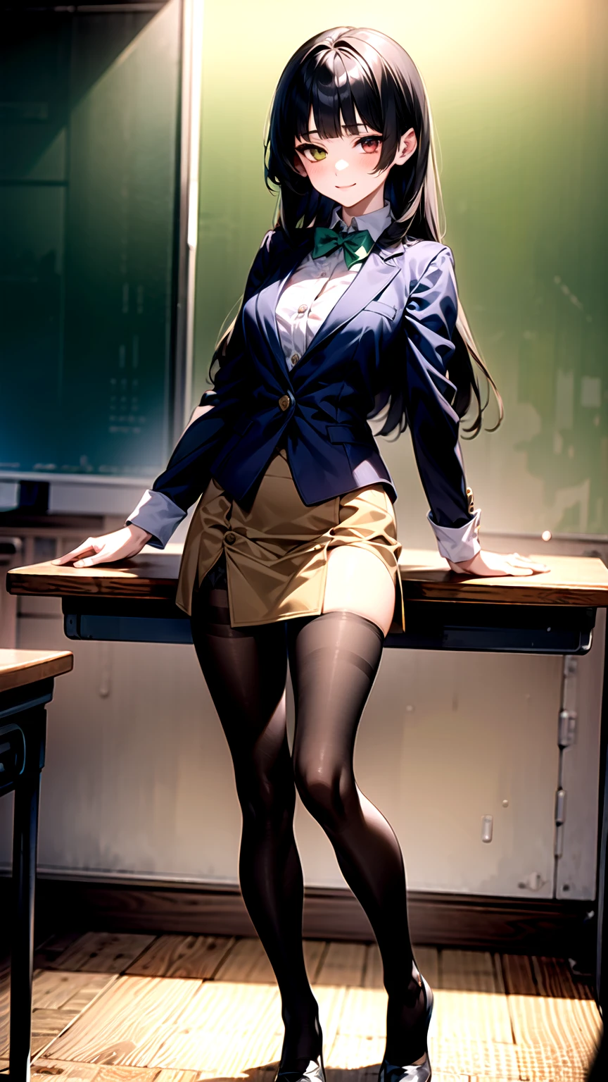 ((super high quality,Ultra-high resolution,4K,8k,super masterpiece,Ultra HD ,Detailed shading)),Full body photo,Evening Classroom,One high school girl,Blue-green blazer,A white dress shirt with the first button undone,Yellow and black striped bow tie,Marigold check mini skirt,Black tights,Black Hair,Side-swept bangs,Orange and green heterochromia,Sharp eyes with raised,smile,