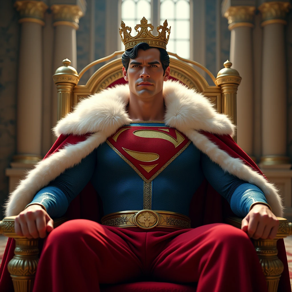 Superman as a medieval king, no beard, wearing a red velvet cape, blue medieval pants and a golden crown, sitting on the golden throne in the throne hall of a medieval castle, sunlight coming through the window behind the throne, cinematic angle, best quality, masterpiece, perfect ???????, highres, ultra-detailed, 8k, detail, unique, aesthetics, HDR, Photorealistic, Hyperrealistic, Hyperdetailed, analog style, soft lighting, subsurface scattering