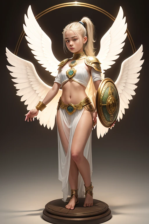 A young 15- yr old native European girl with lovely charminvg face,( skin texture masterpiece), (perfect full body detailed anatomy), (Super accessories detailed), (meditating ), (perfect detailed glowing bright eyes),(short ponytail illuminating jade hair)，Wearing transparent costume of an angel，holding a treasure septer & shield, illuminating different lights covers the sorrounding atmosphere Has beautiful large white wings, The character solemnly praying 