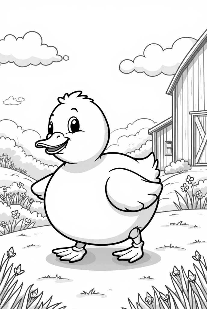 Generate a coloring image of the duck on the farm format 3:4
without color
