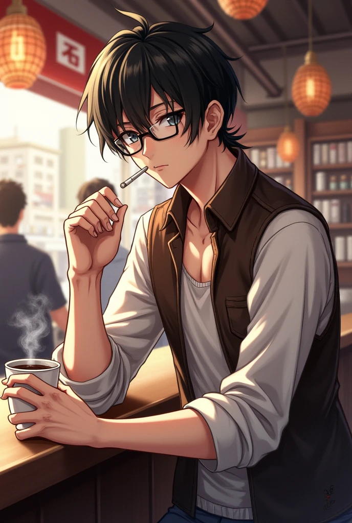 An anime boy with black hair and eyes wearing a white long sleeve and a sleeveless brown shirt, a black glasses on top of his hair with cigarette on his mouth and a coffee on his hand