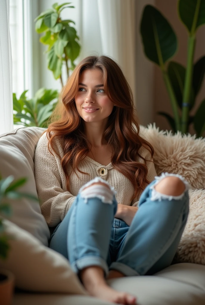 Beautiful girl in jeans at home