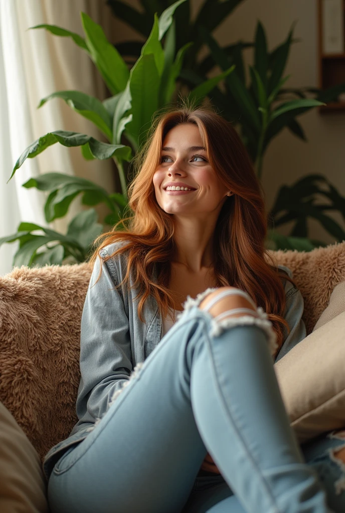 Beautiful girl in jeans at home