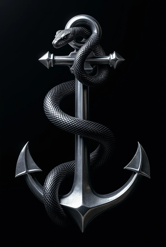 A dark-black viper stands out beautifully coiled around a realistic silver anchor with a dark-black toned background. 