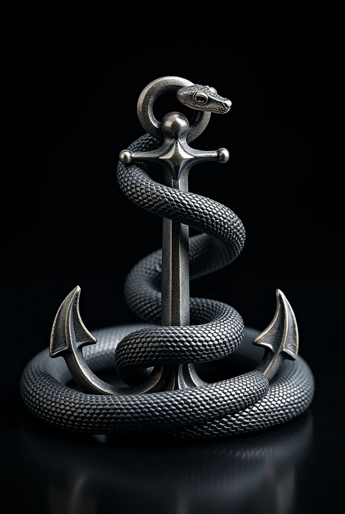 A dark-black viper stands out beautifully coiled around a realistic silver anchor with a dark-black toned background. 