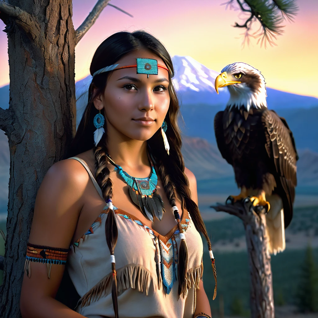 (grainy:0.5), cinematic, beautiful girls 25 year old native american,fantasy,(solo:1.3), detailed brown eyes, detailed face, detailed native american sexy clothing, volumetric lighting, dusk, extremely detailed background, standing next to tree and mountain, smiling, half closed brown eyes, tilted head, from side, sitting next to her Bald Eagle