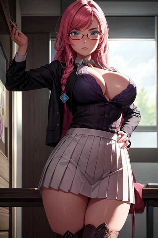 masterpiece, Beautiful art, professional artist, 8k, art style by sciamano240, Very detailed face, Detailed hair, detailed clothing, detailed fabric, 1 girl, perfectly drawn body, beautiful face, broad, very detailed, wearing teacher clothes, thigh high boots, tube skirt, Glasses, looking angrily over Glasses, Sensual Lips , pink cheeks, School environment, detailed background, board , show details in the eyes, close up view, spectator looking, angry expression,