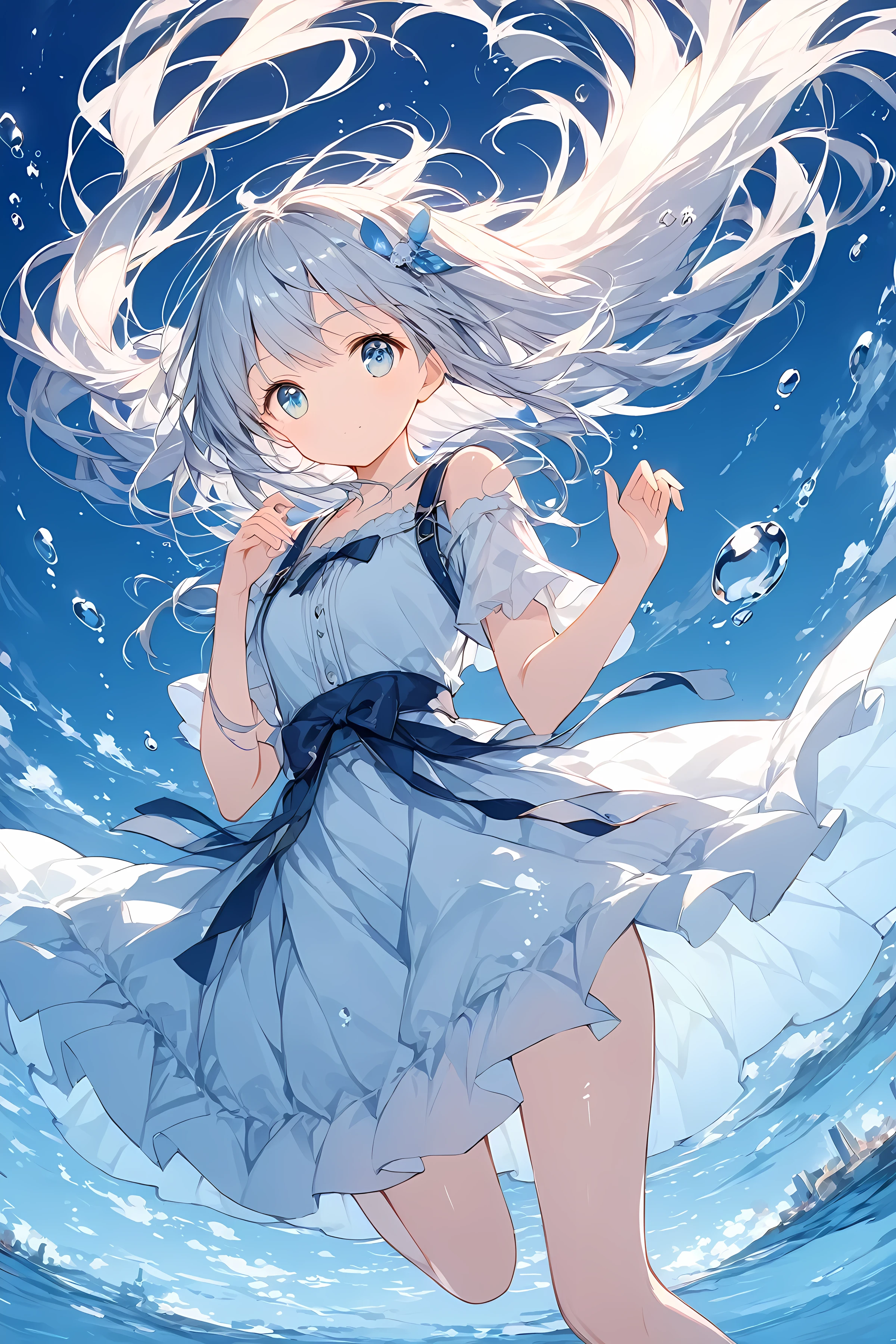 ((Amazingly absurd)),超High resolution, Attention to detail, high quality, High resolution, 最high quality, 4K, 8k、The protagonist is a girl in her early s,The girl's appearance is slender and delicate,Characterized by large eyes and long hair,The girl is wearing a underwater propulsion device、Graceful swimming motion,The girl's expression is full of curiosity and a spirit of exploration,Incorporate delicate expressions in the girl's gestures and poses,Depict the girl's hair and clothes swaying gracefully underwater,Pay attention to the appearance of the city ahead of the girl's gaze