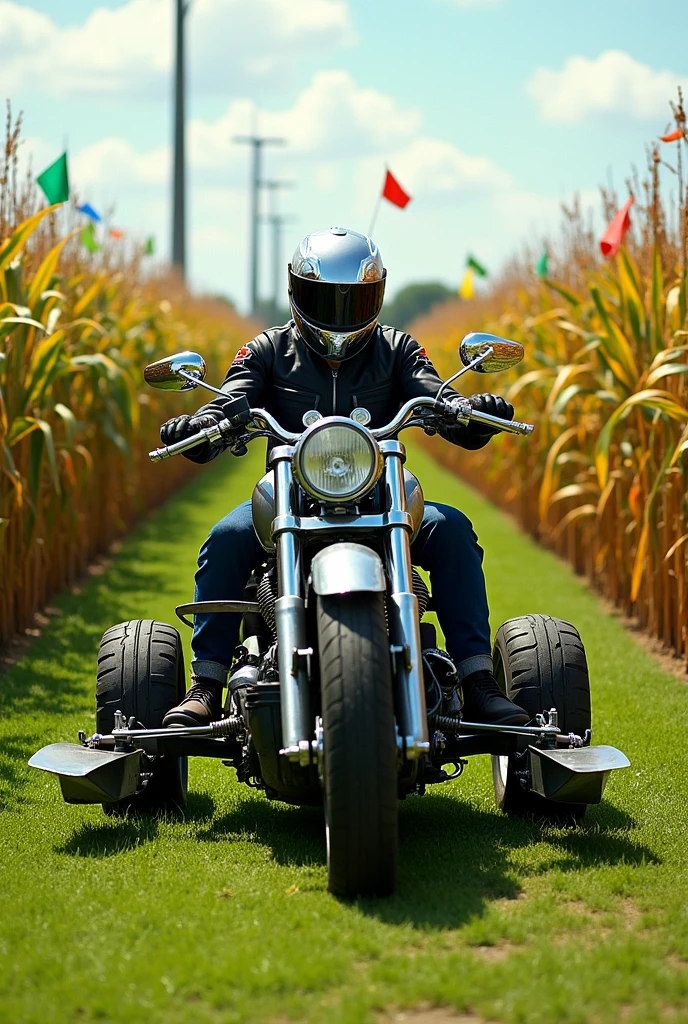 A motorcycle harvesting corn in a soccer field