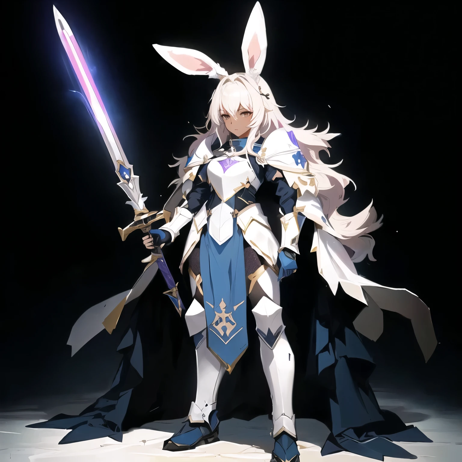 anime character dressed in bunny ears holding a sword and wearing a cape, rabbit warrior, knights of zodiac girl, bunny with helmet and sword, rabbt_character, full portrait of magical knight, ( ( character concept art ) ), official character art, from arknights, portrait knights of zodiac girl, white rabbit, with large sword, anime character art, arknights, dark skin