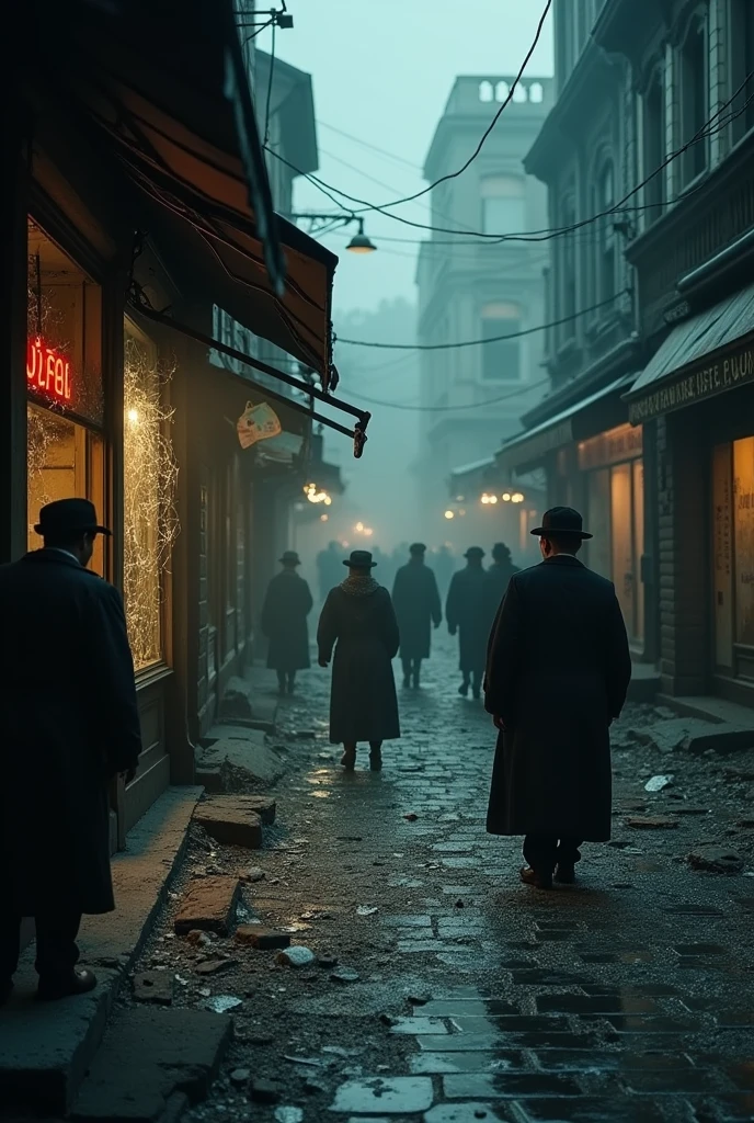 A street full of broken glass, shattered shop windows and smoke rising. Jewish people, some wounds, they look with despair at their destroyed shops while, In the background, the figures of the attackers are seen disappearing into the night.