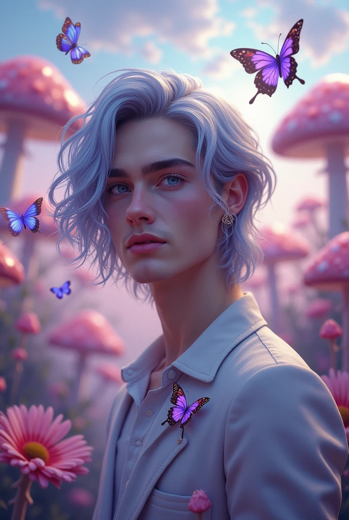 A man as beautiful as an angel,with purple eyes and gray hair in wonderland