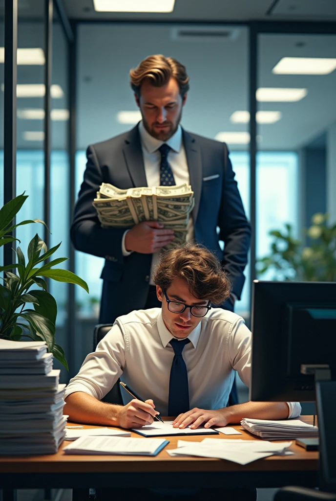 Create an image of an employee with a little,it's only the boss with R$200 mil,and it's a sentence written "I'll work for my boss to earn two hundred thousand and a little,the boss with two hundred and I with a little"