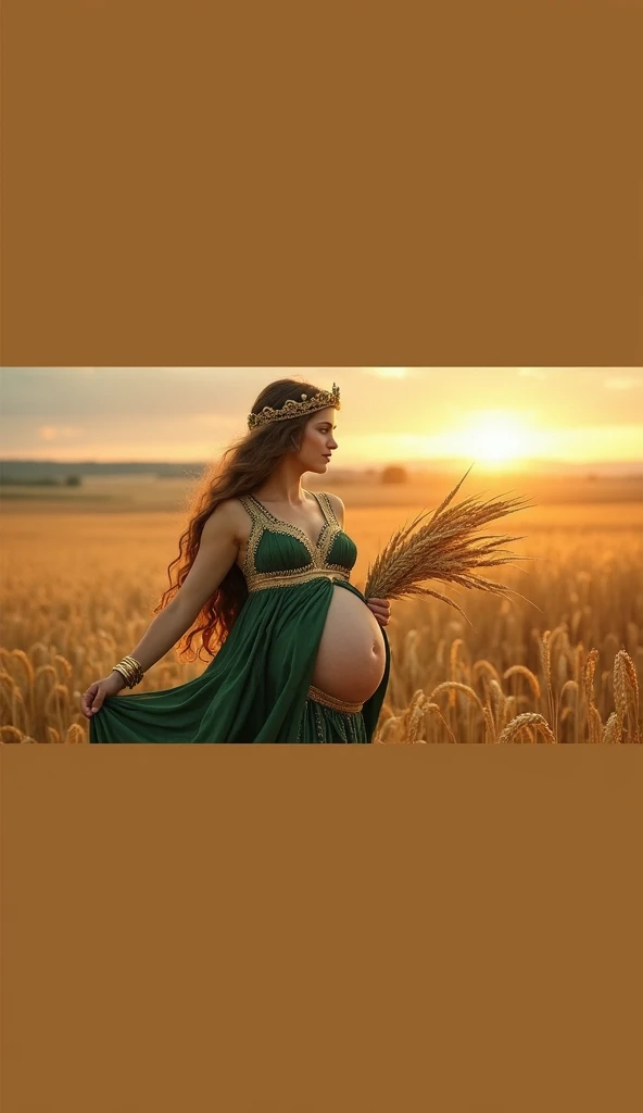 Greek goddess, more full-figured, Voluminous breasts with a greenish tunic with gold threads., very wide gold bracelet, modern gold tiara on head, pregnant with fair skin and long wavy light brown hair reminiscent of the figure of the goddess DEMETER, holding a sheaf of wheat, In the background, a wheat field at sunset, convey depth, The goddess is fully connected to her womb and her baby