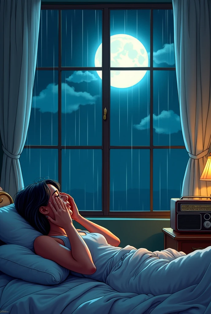 A woman lying in bed looking towards the window, In a nearly cartoonish image, on a small table an old radio, and in the window you can see the moon and some rain, that in the atmosphere of the scene the nostalgia and sadness of a melancholic salsa song can be breathed, but the more rural image in the style of Caracas, Lauker's face looking at the moon and crying, covering his face with his hands

