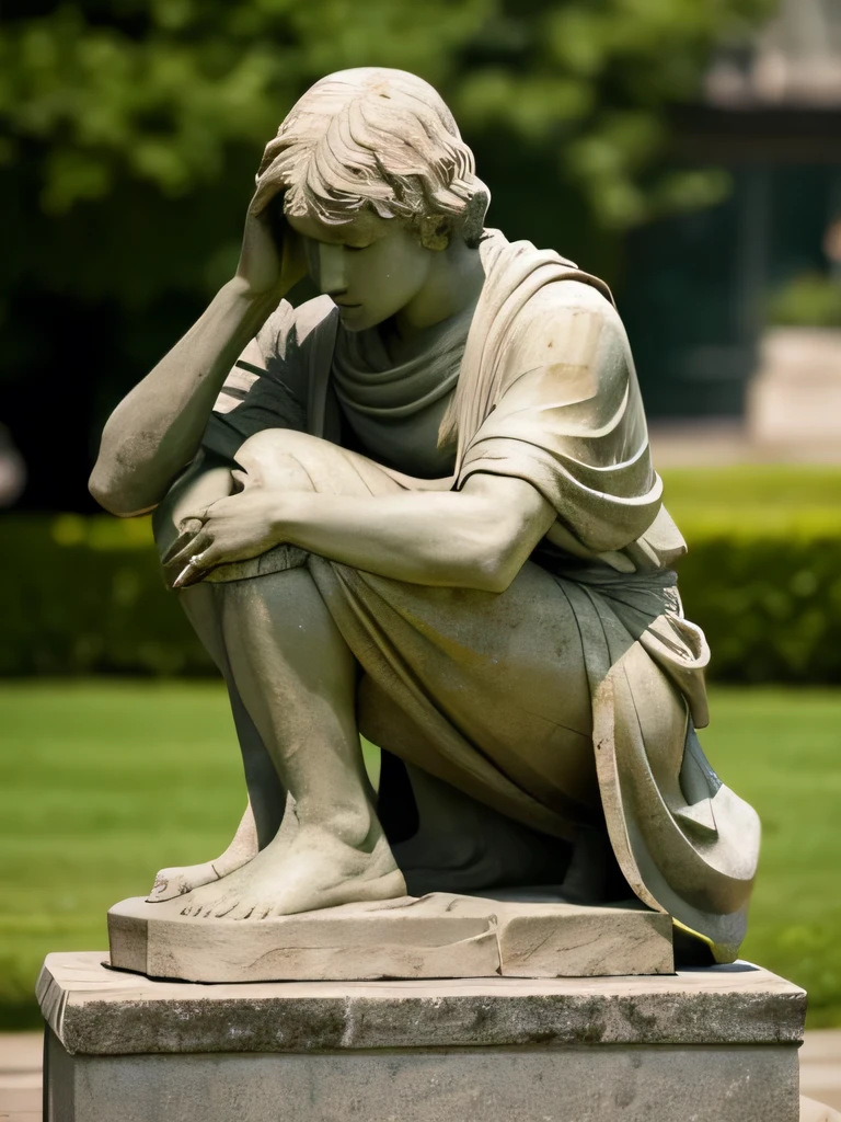 crie uma statua de pedra com cabeca de Albert Einstein pensando sentado, super realista em 8k.