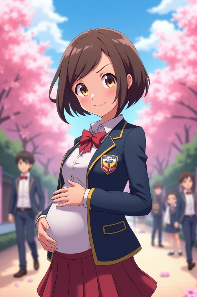 Cloie (of Pokémon) in her school uniform and a large bump in her belly.