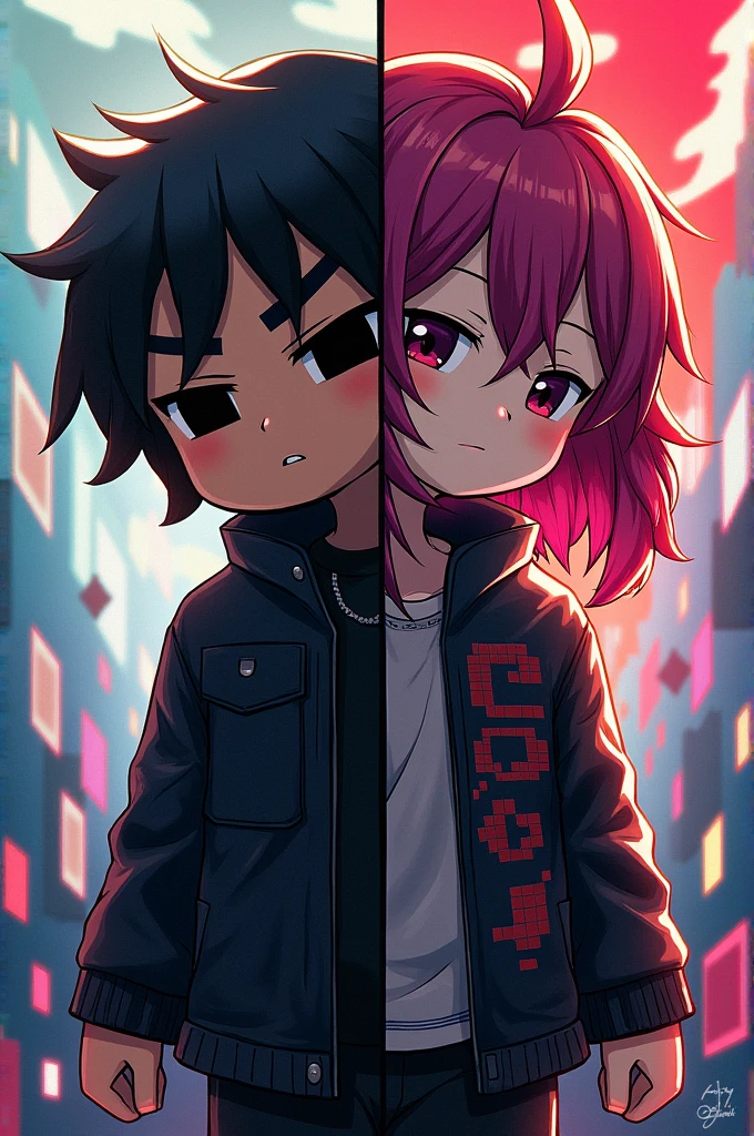 A large J with a Minecraft character in a black jacket, brown skin, black eyebrows that don't show his eyes, and on the jacket on the chest are some black letters.,The Minecraft character's head is cut in half at the J, and on the other half of the J is the same character but in an anime version