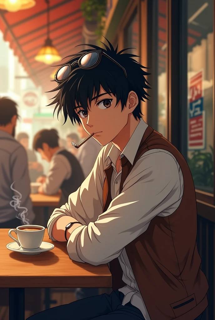 An anime boy with black hair and eyes wearing a white long sleeve and a sleeveless brown shirt, a black glasses on top of his hair with cigarette on his mouth and a coffee on his hand
