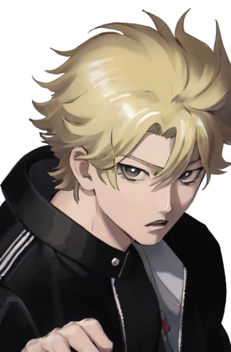 masterpiece, anime style, 90s, best quality, portrait, 1boy, keiji shinogi, short fluffy blonde hair, muscular, wearing a black bomber jacket, eyebags, small pupils