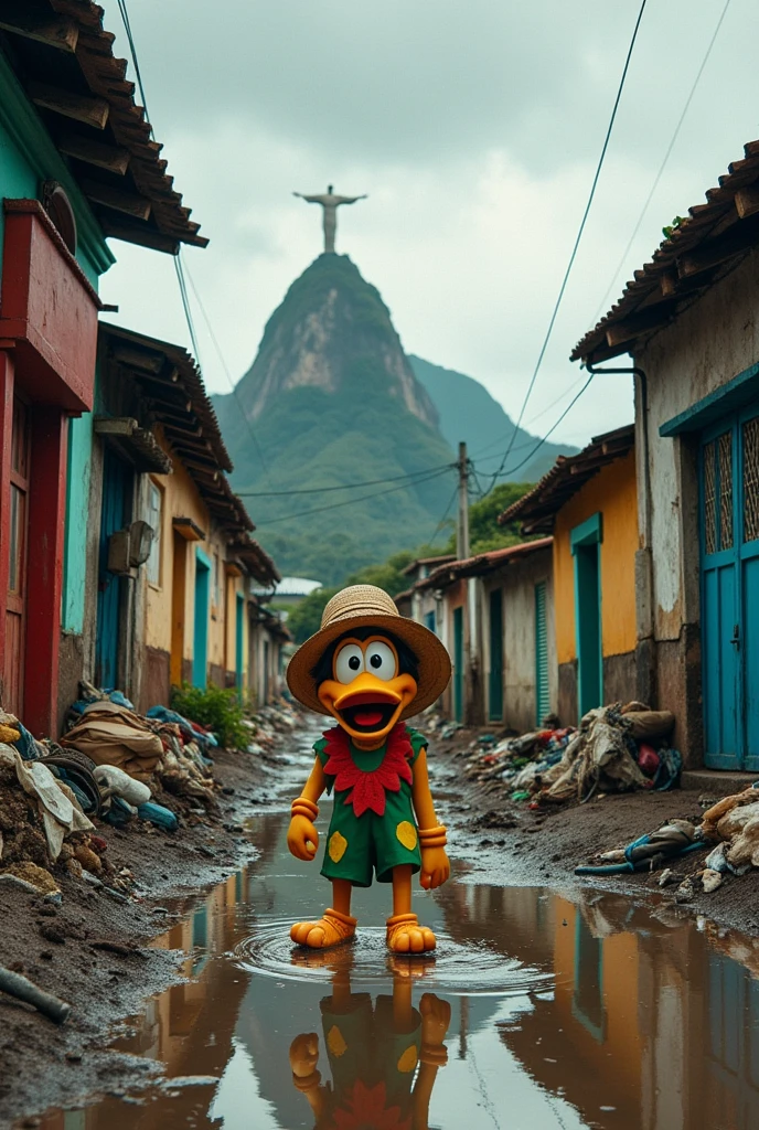 Image of the Disney cartoon character Zé Carioca in the favela in Rio de Janeiro on a rainy day in a dirty environment with a lot of trash and the Christ the Redeemer highlighted